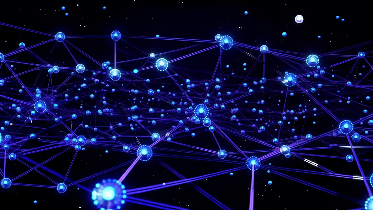 Dense Network of Glowing Blue Data Nodes and Threads