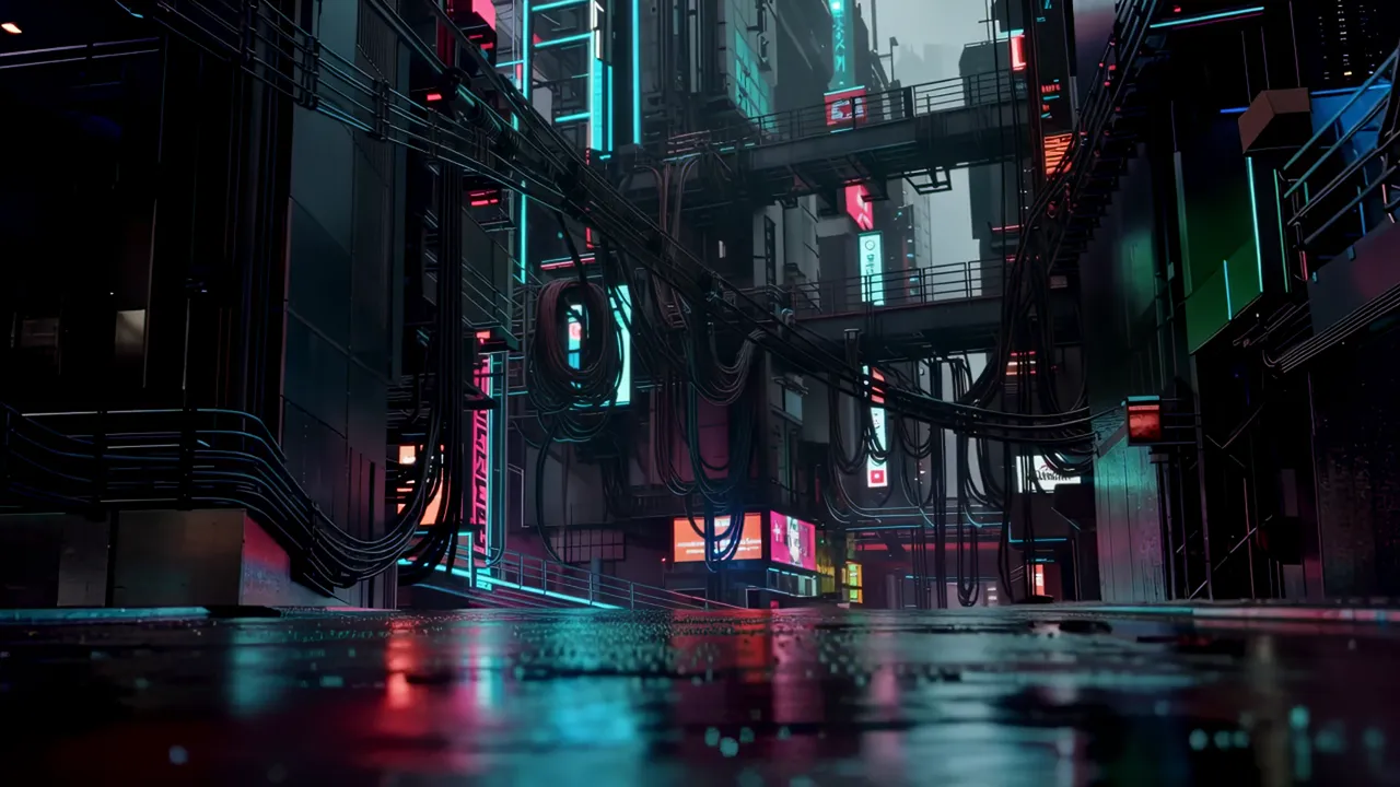 Dense Urban Cyberpunk Block with Elevated Walkway