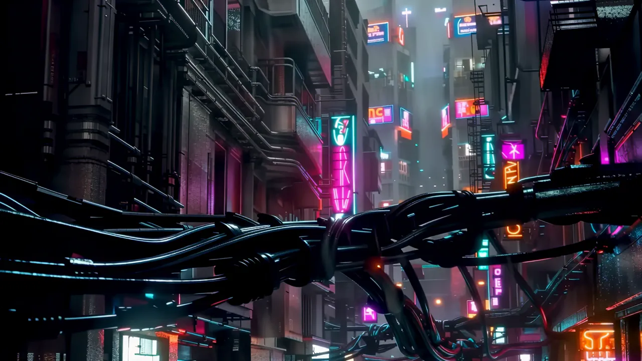 Dense Urban Cyberpunk Block with Elevated Walkway