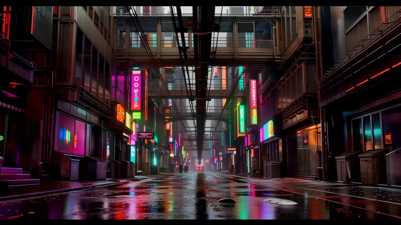 Dense Urban Cyberpunk Block with Elevated Walkways