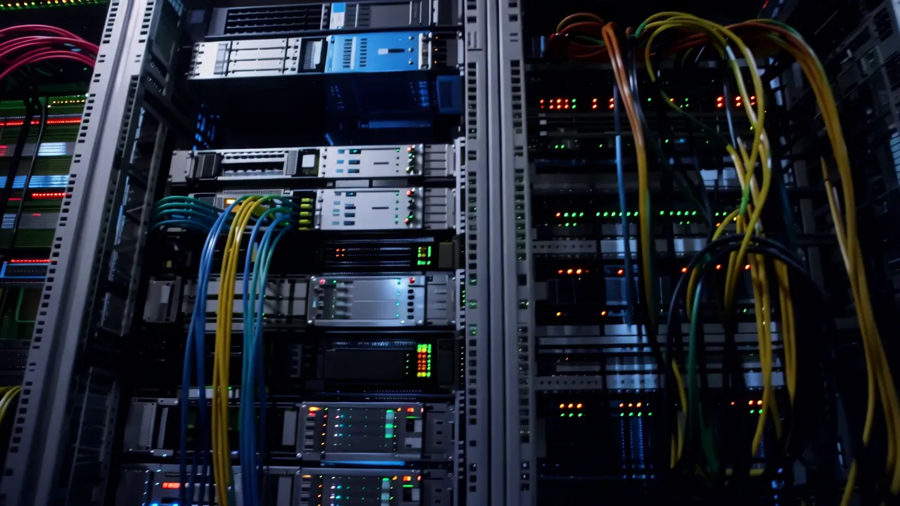 Dimly Lit Data Center with Server Racks and Cables