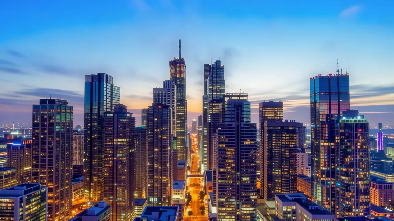 Dramatic Cityscape of Tall Skyscrapers at Dusk