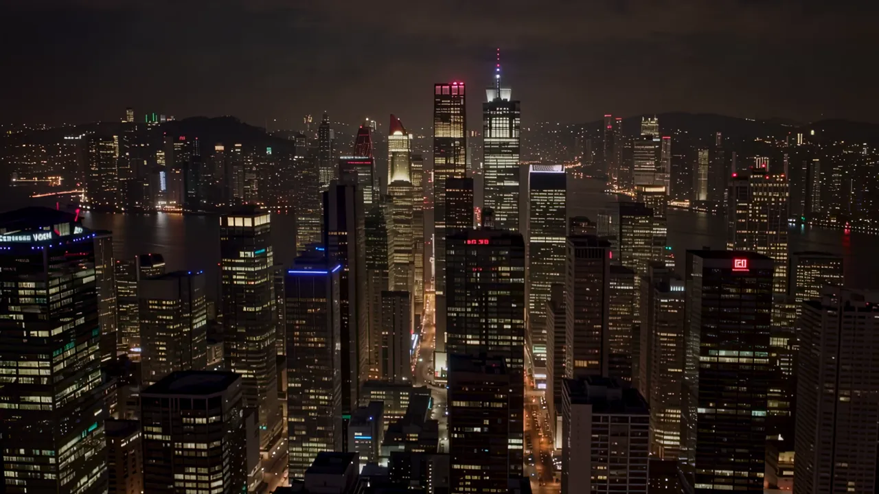 Dramatic Nightscape of Hong Kong Skyscrapers