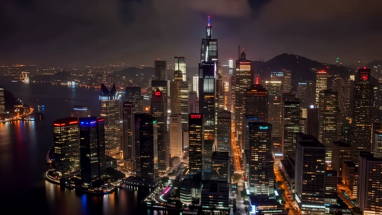 Dramatic Skyscrapers of Hong Kong's Central District at Night