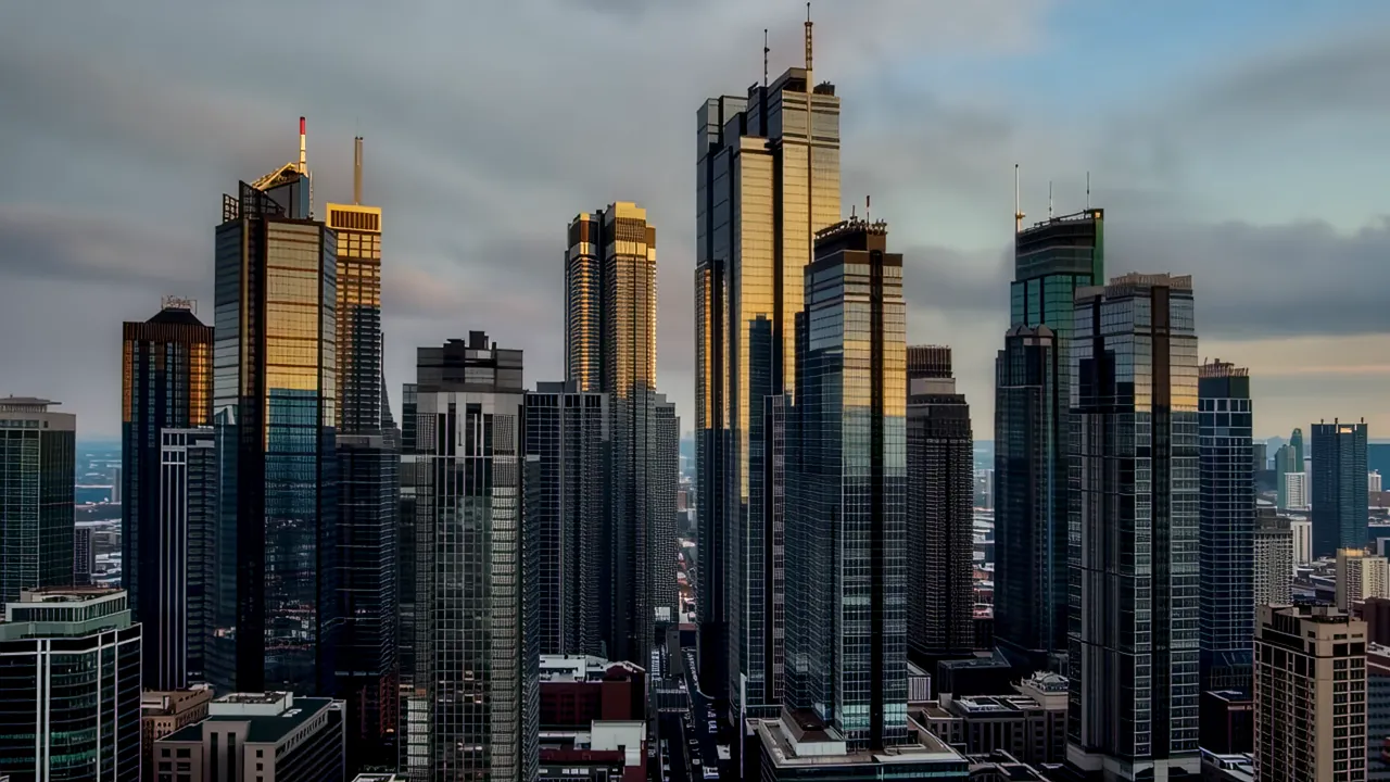 Dramatic Urban Skyline with Glass Skyscrapers