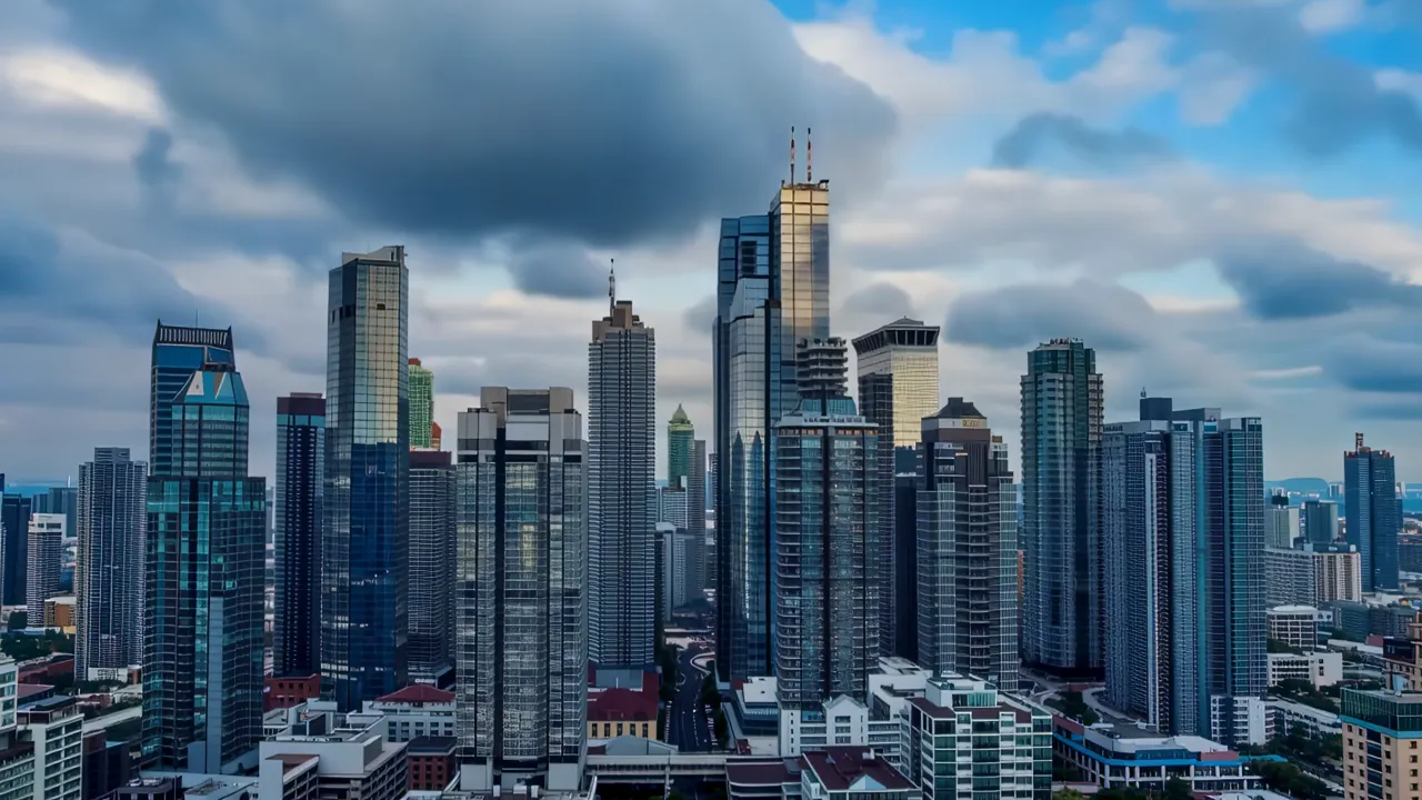 Dramatic Urban Skyline with Vibrant Sunset Colors