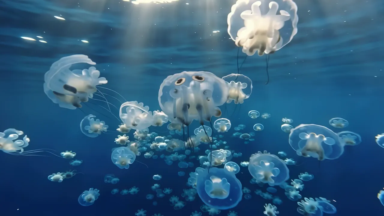 Dreamy Moon Jellyfish Swimming in Dark Blue Water