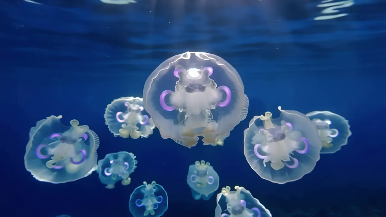 Dreamy School of Glowing Moon Jellyfish in Deep Blue Water