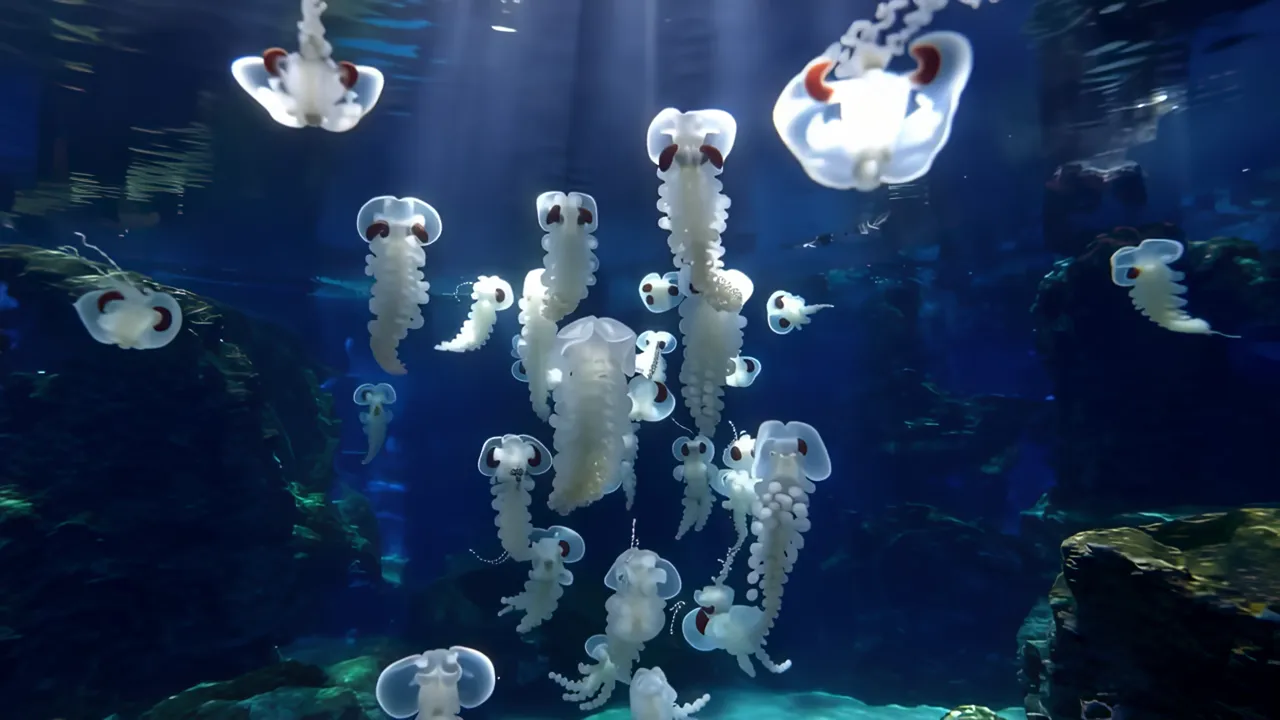 Dreamy School of Moon Jellyfish in Dark Blue Water