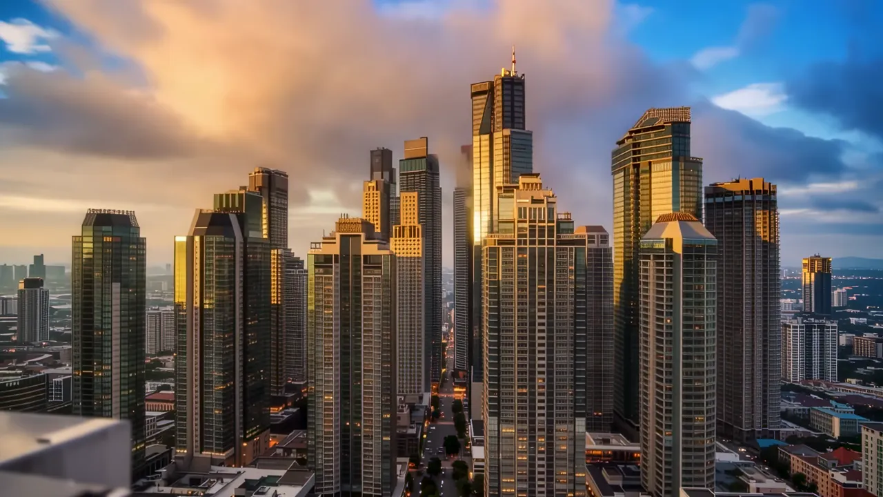 Drone View of Modern City Skyline at Dusk