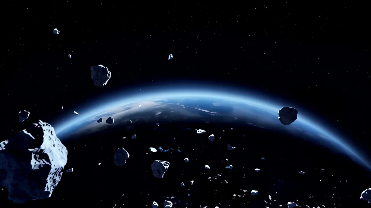 Earth from Low Orbit with Asteroids and Atmospheric Glow