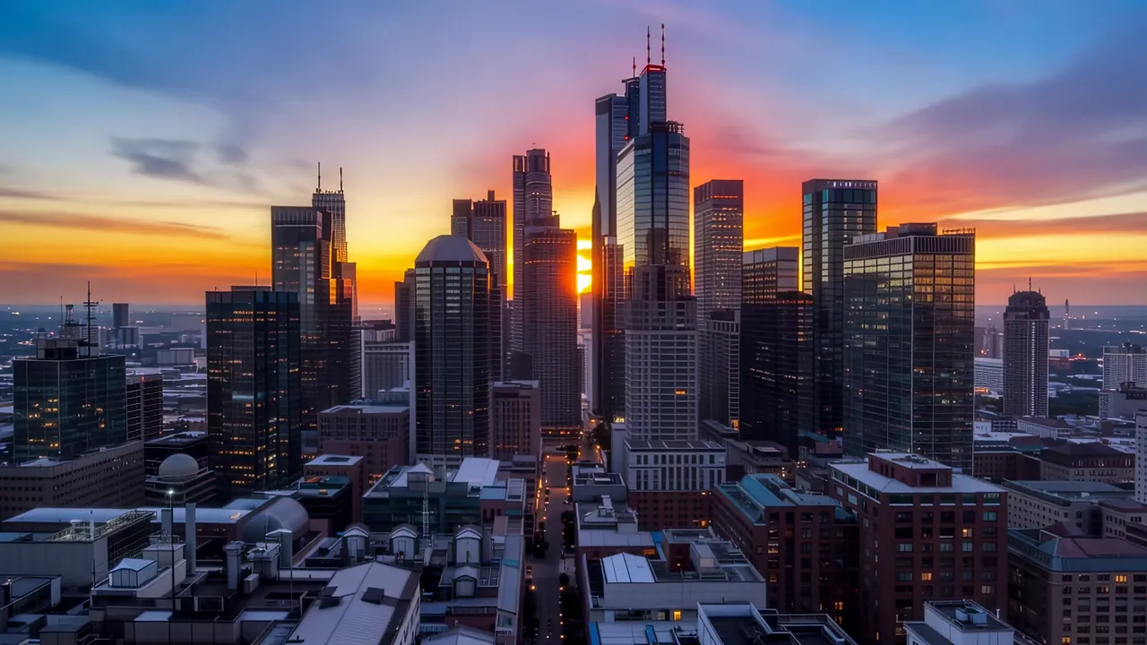 Elevated Night View of Urban Skyline with Towers