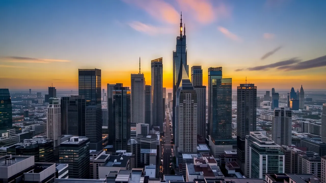 Elevated Shot of Urban Skyline at Dusk