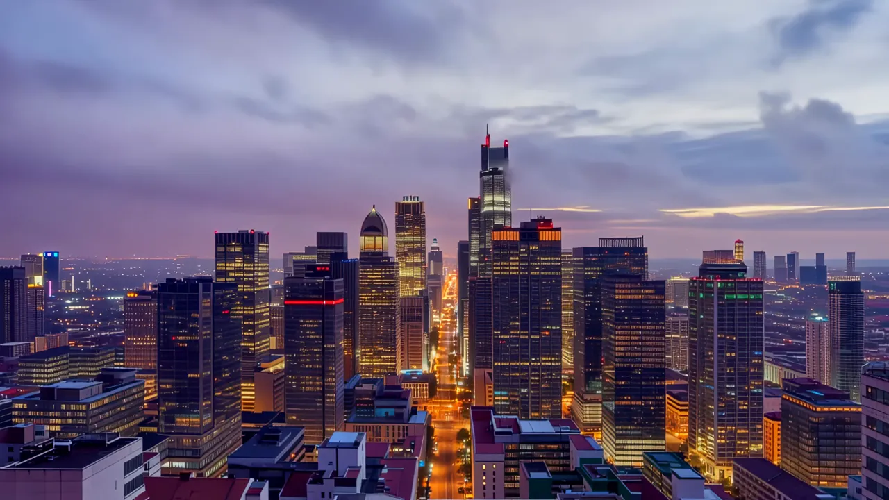 Elevated Skyline View of Urban Towers at Sunset