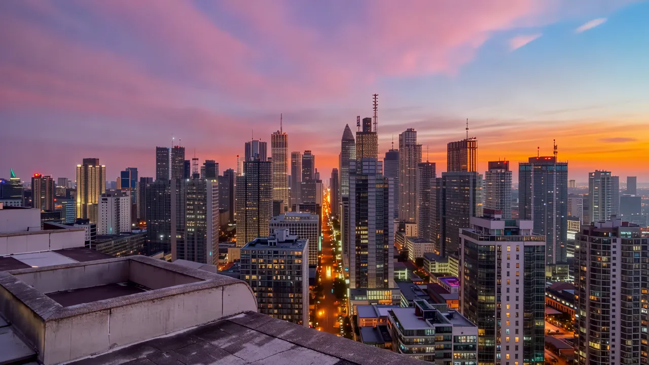 Elevated Urban Skyline Time-Lapse Over Rooftops