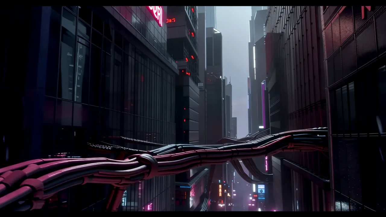 Elevated View of Dark Neon-Lit Street Canyon