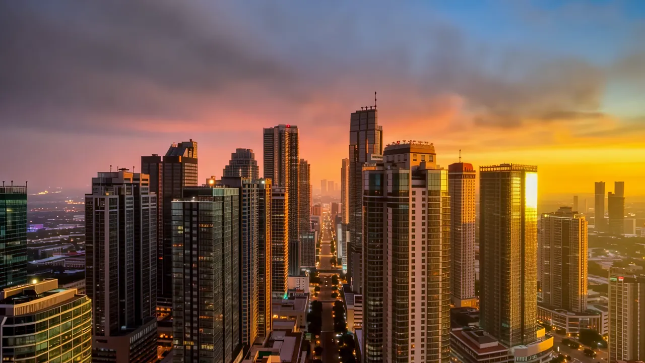 Elevated View of Modern City Center with High-Rise Buildings