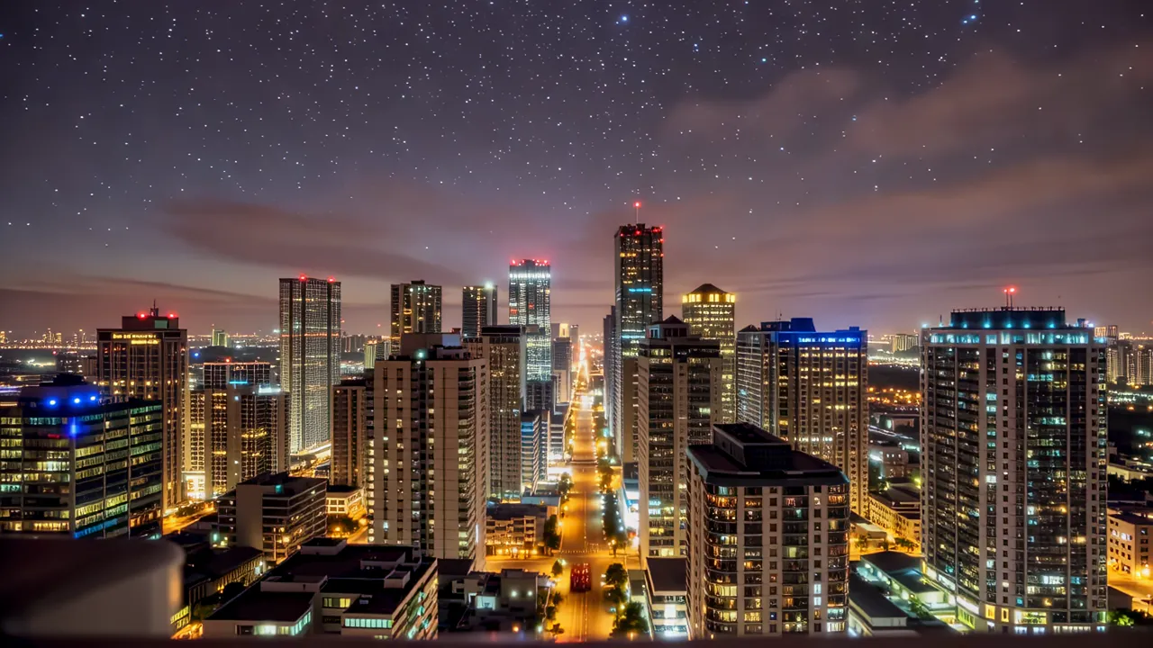 Elevated View of Modern City High-Rise Buildings at Sunset