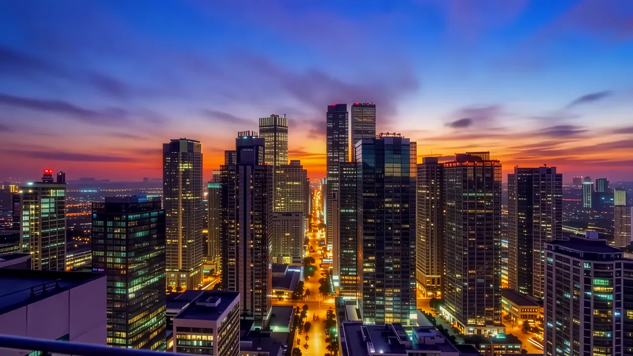 Elevated View of Modern City Skyline with High-Rise Buildings
