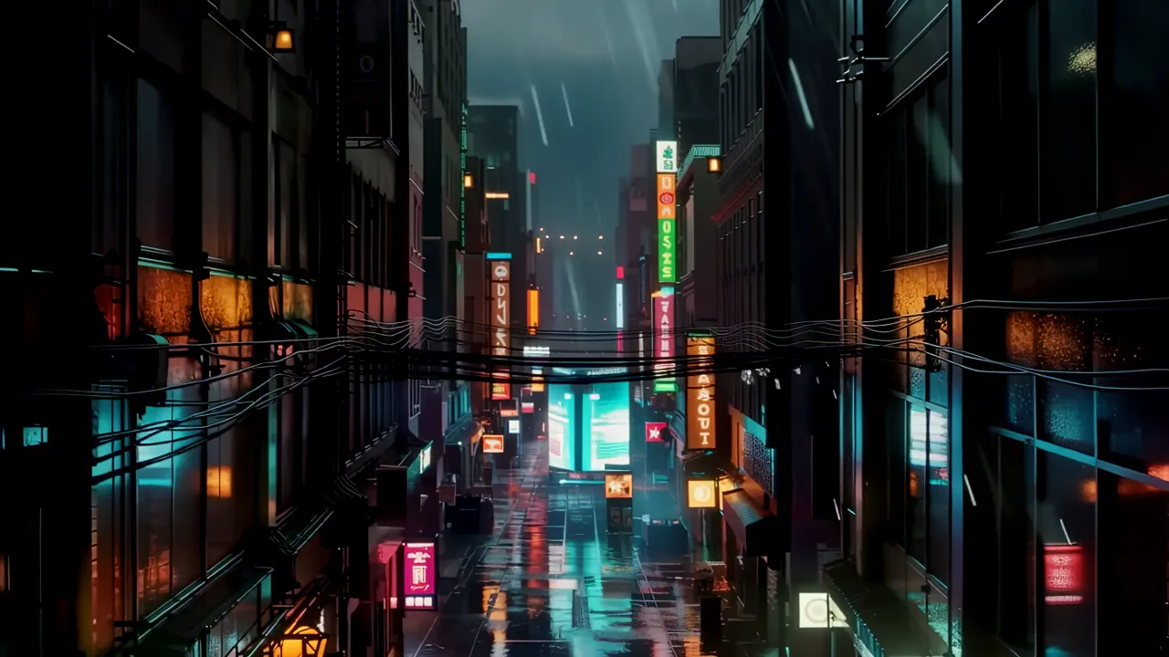 Elevated View of Neon-Lit Street Canyon at Night