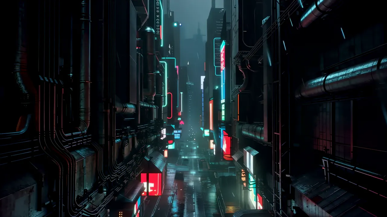 Elevated View of Neon-Lit Street Canyon at Night