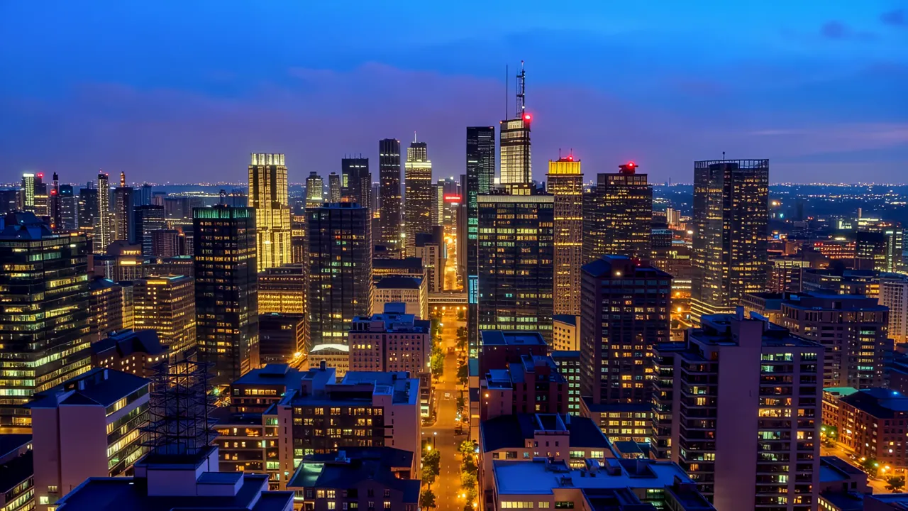 Elevated View of Urban Skyline at Sunset