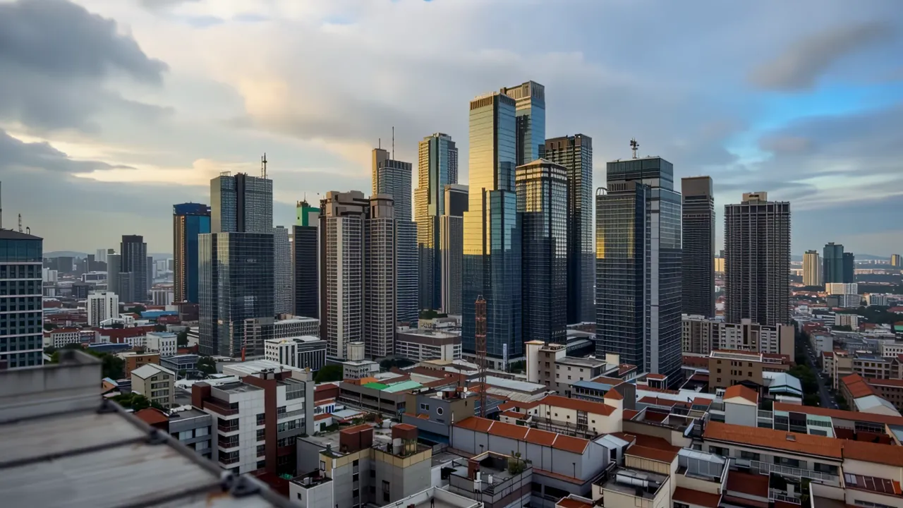 Elevated View of Urban Skyline with Towers and Rooftops
