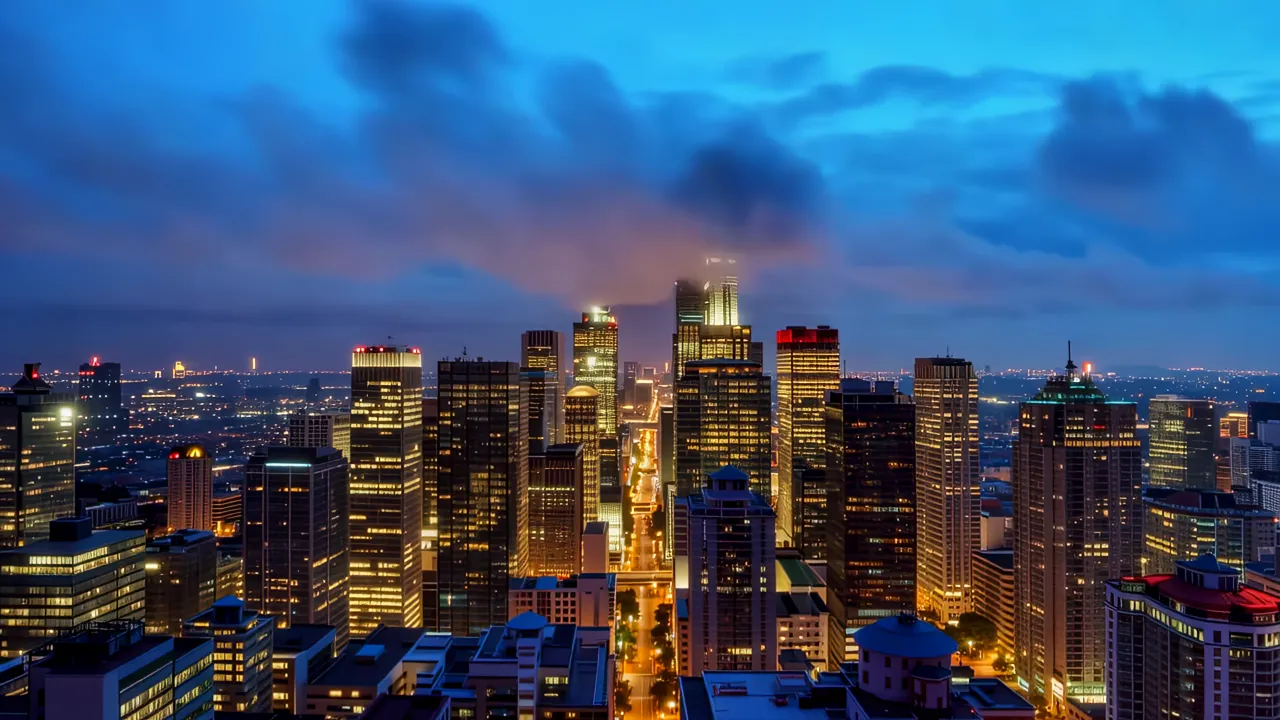 Elevated View Over Urban Skyline at Dusk