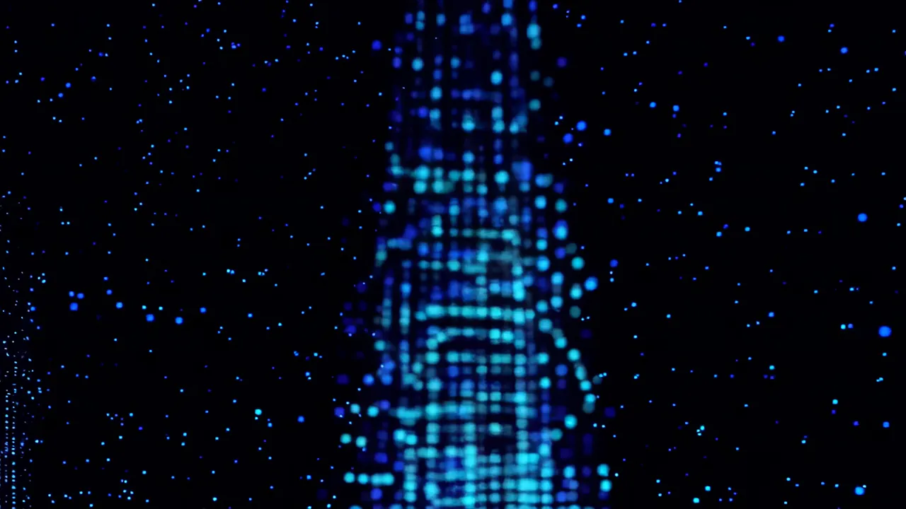 Erupting Streams of Blue Particles Dissolving into Dark Void