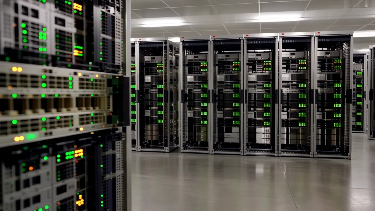 Expansive Data Center with Server Racks and Green Lighting