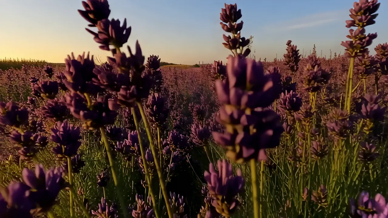 Expansive Lavender Field with Gentle Breeze at Sunset