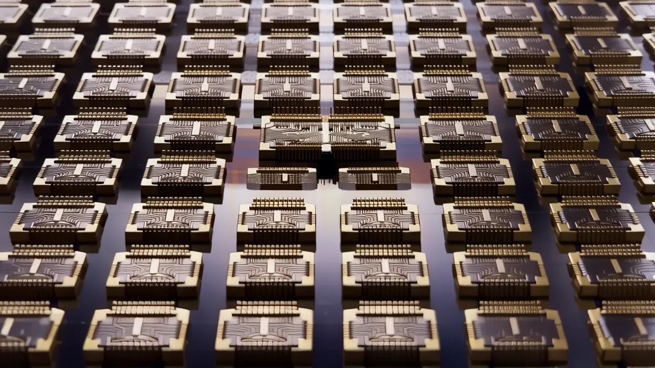 Extreme Close-Up of a Chip Die Surface with Metal Interconnects