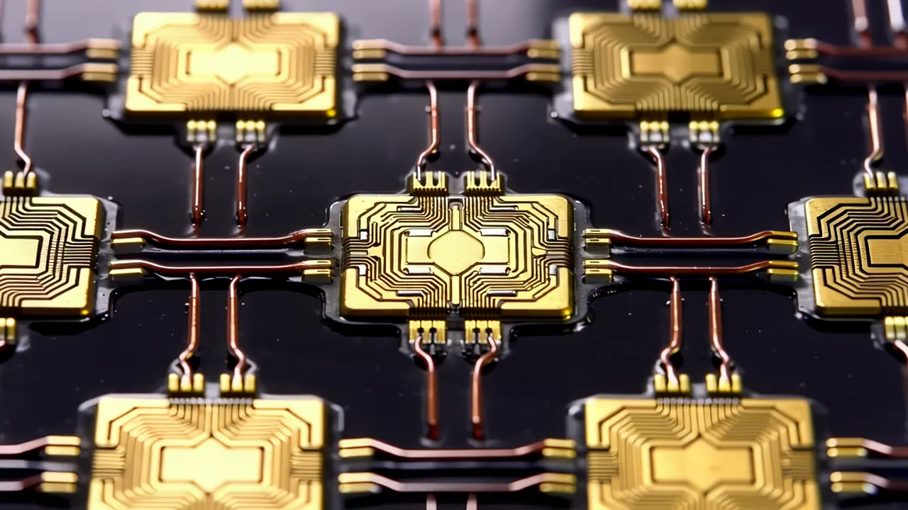 Extreme Close-Up of a Chip Die Surface with Metal Interconnects