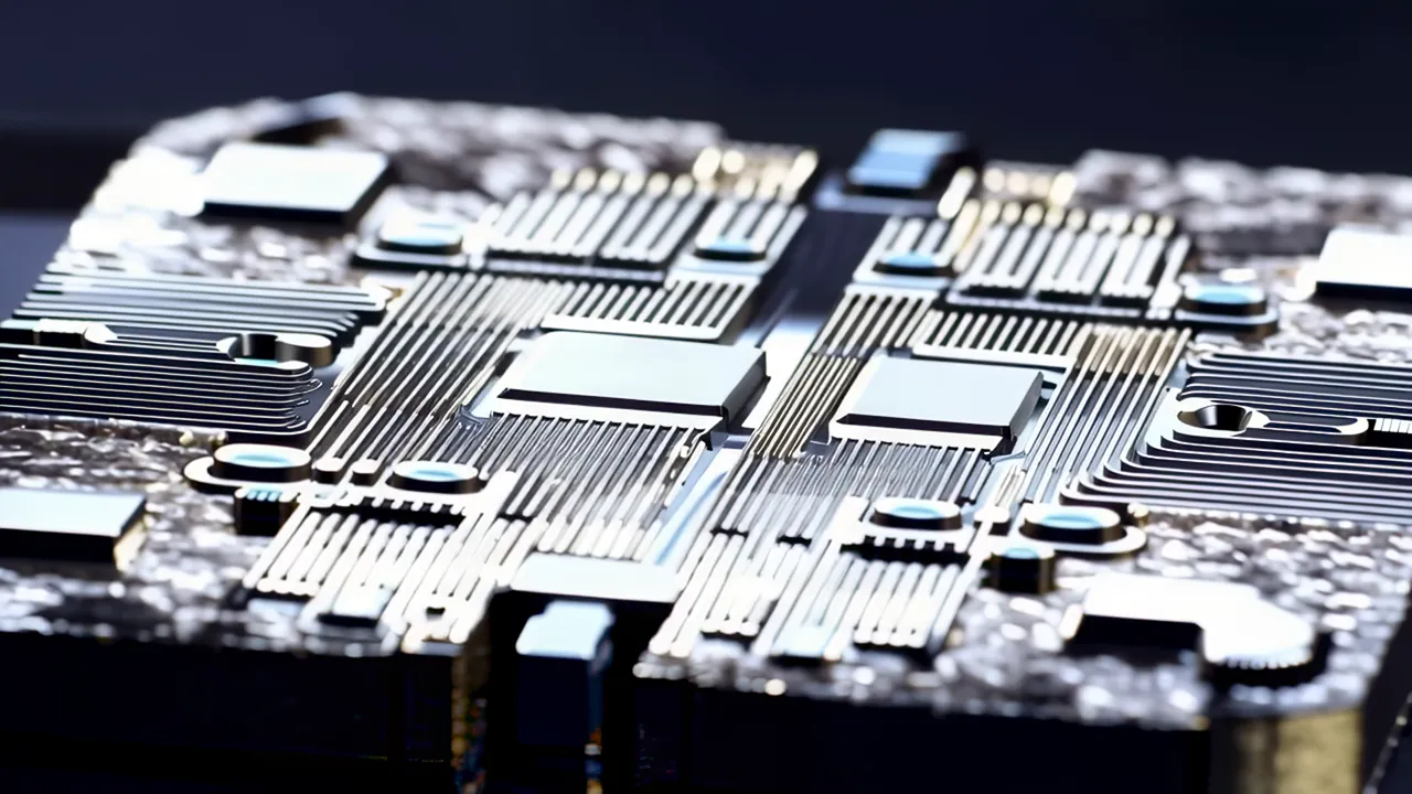 Extreme Close-Up of a Chip Die Surface with Metal Structures