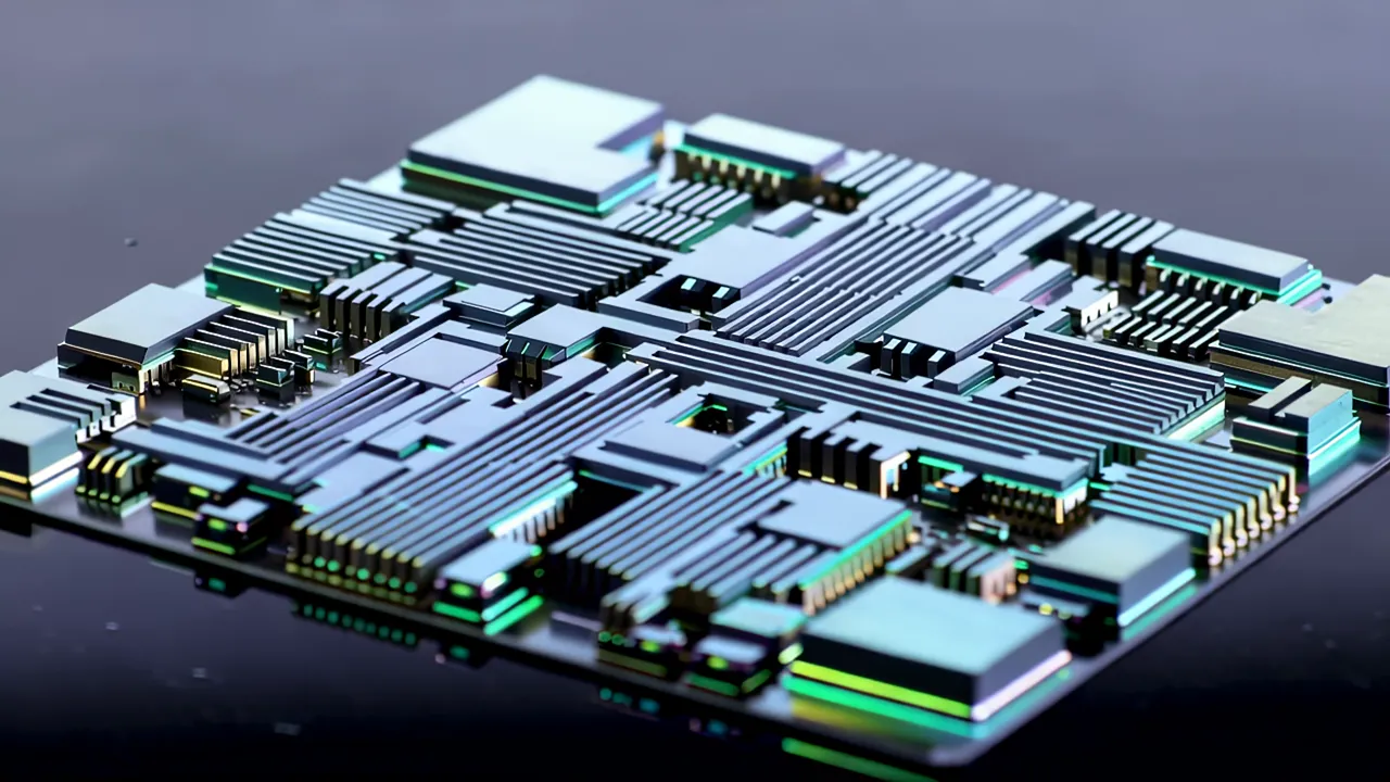Extreme Close-up of Chip Die with Metal Interconnects
