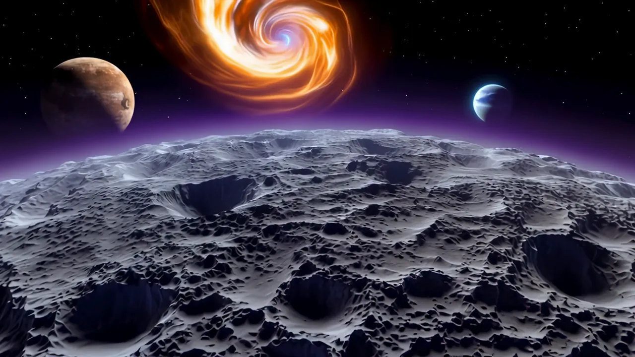 Extreme Close-up of Cratered Moon Surface with Planets