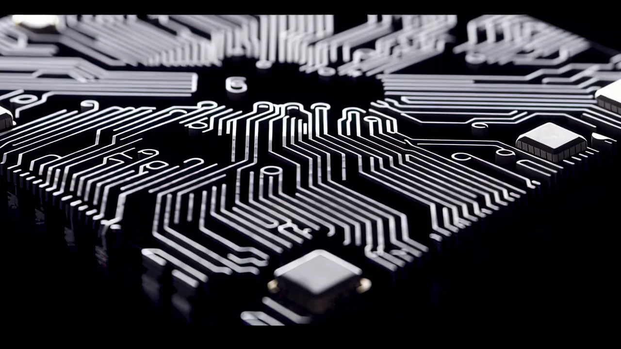 Extreme Close-up of Etched Circuit Patterns on Silicon Surface