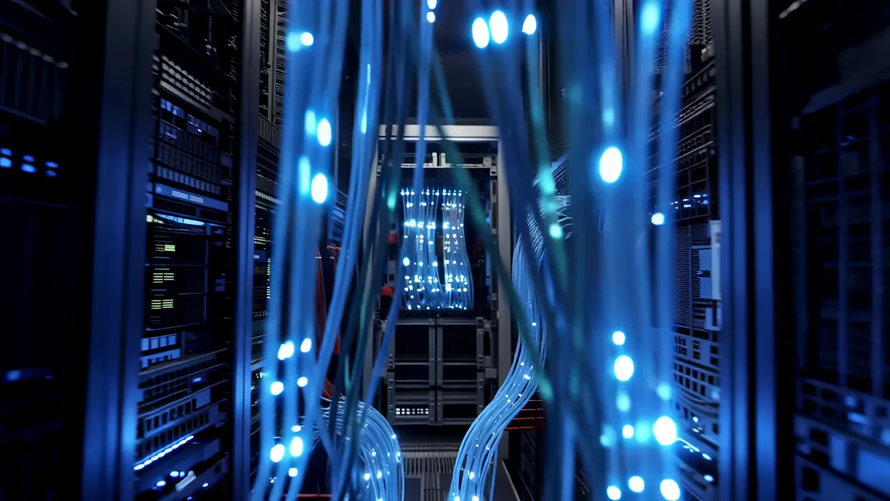 Fiber Optic Cables Transmitting Light in Server Room