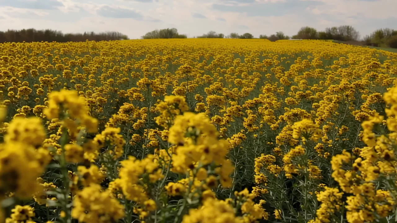 Field of Blooming Rapeseed Flowers Under Spring Sky