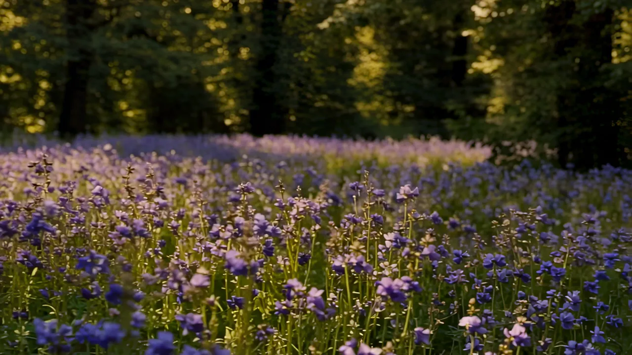 Field of Bluebells in Sunlit Forest