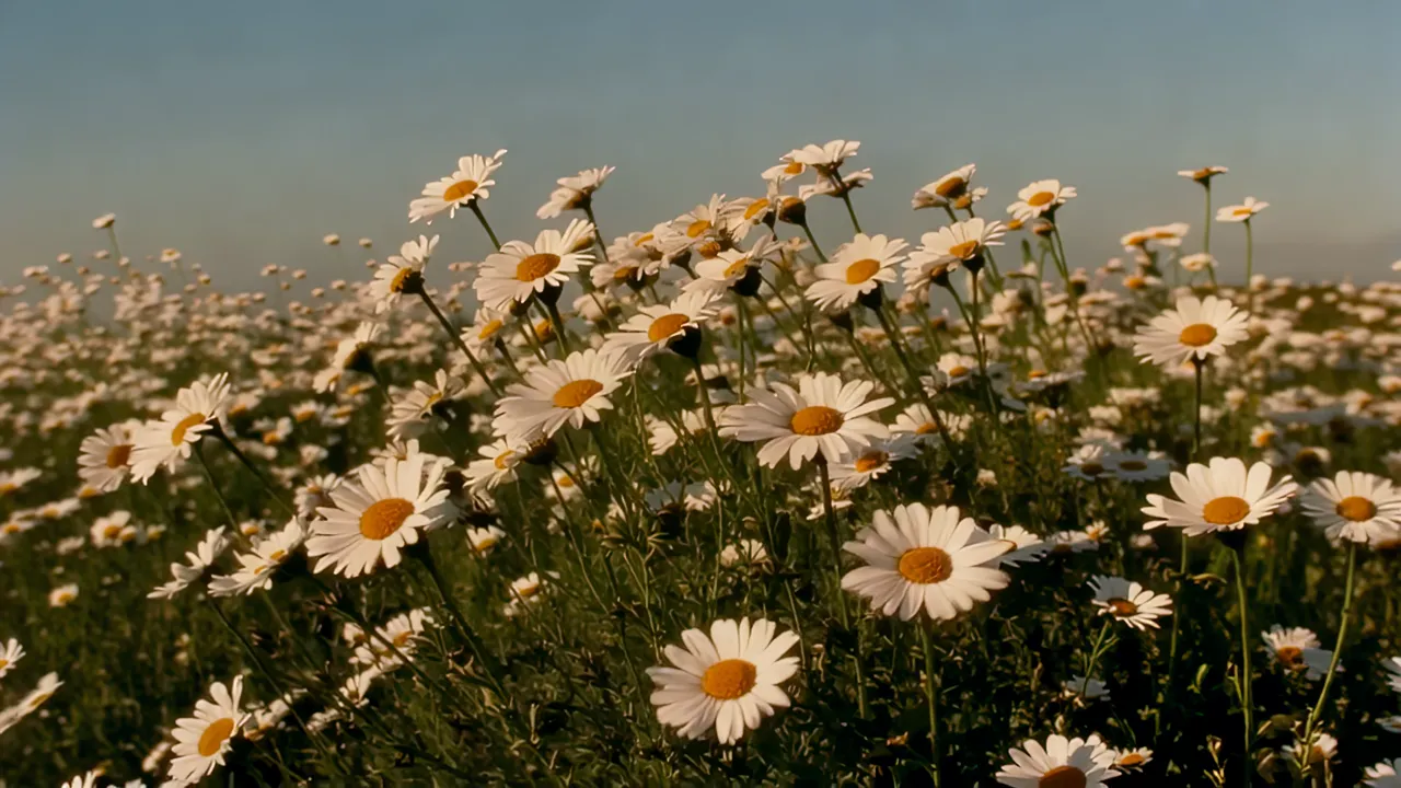 Field of White Daisies Swaying in the Breeze