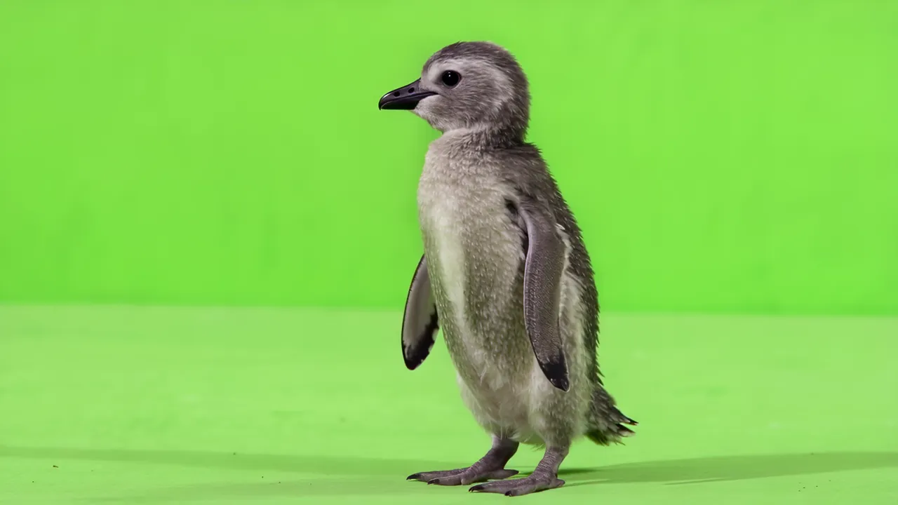 Fluffy Baby Penguin Standing Upright on Green Screen