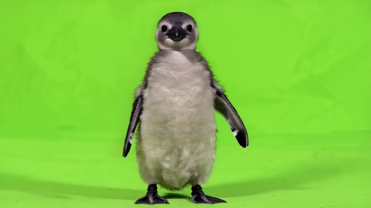 Fluffy Baby Penguin Standing Upright on Green Screen