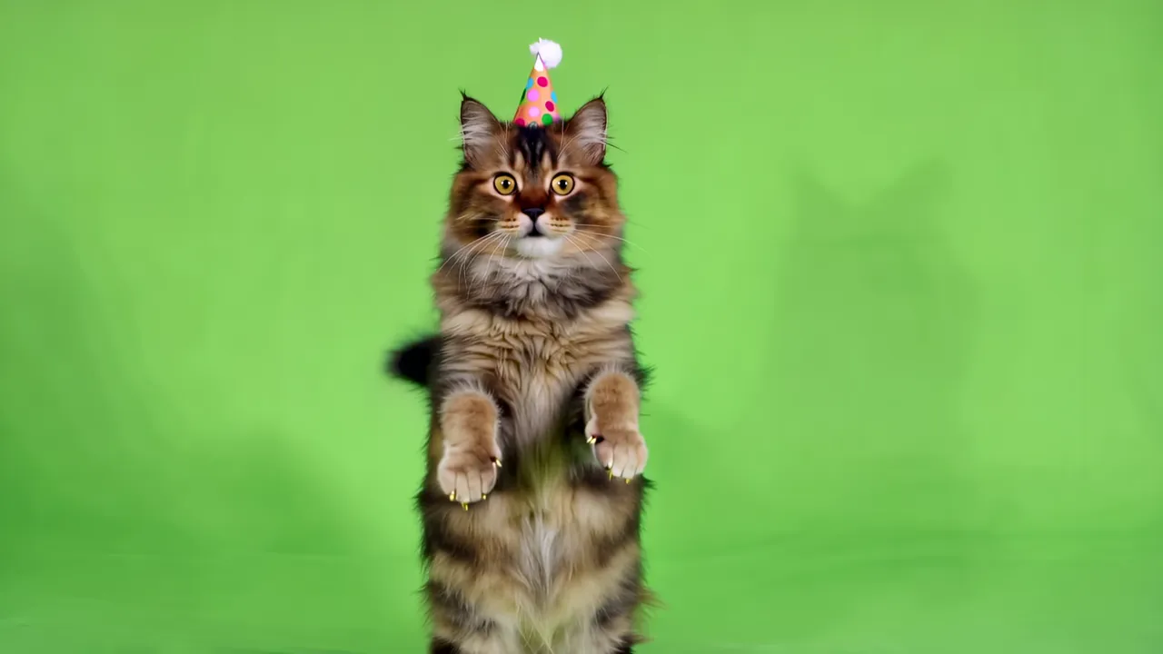 Fluffy Maine Coon Cat Standing Upright with Party Hat
