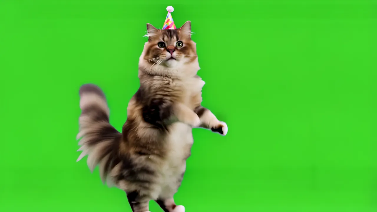 Fluffy Maine Coon Cat Standing Upright with Party Hat