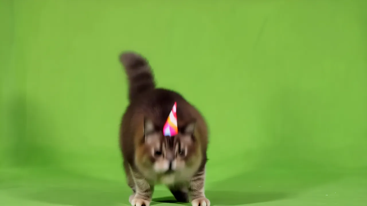 Fluffy Maine Coon Cat Standing Upright with Party Hat
