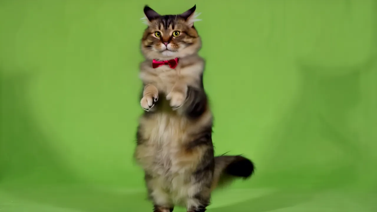 Fluffy Maine Coon Cat Standing Upright with Paws Raised