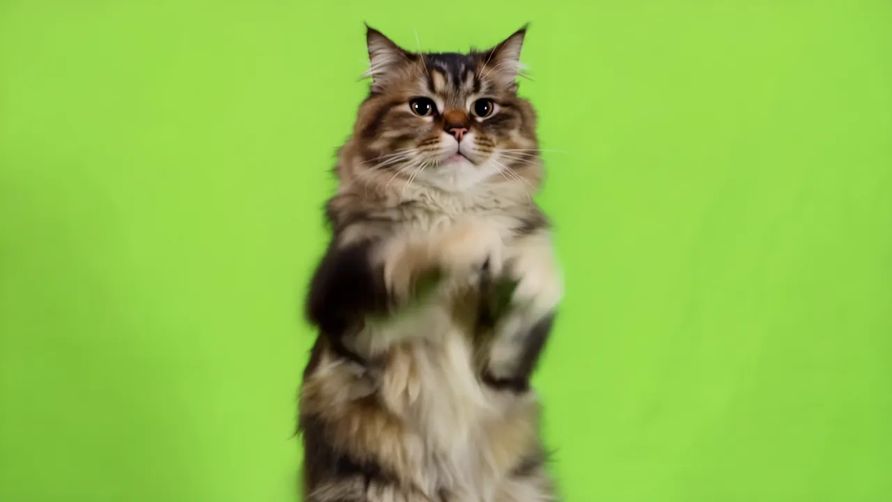 Fluffy Maine Coon Cat Standing Upright with Paws Raised