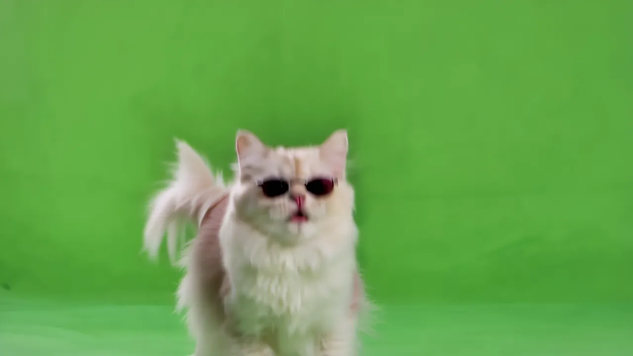 Fluffy Persian Cat Standing on Hind Legs with Sunglasses