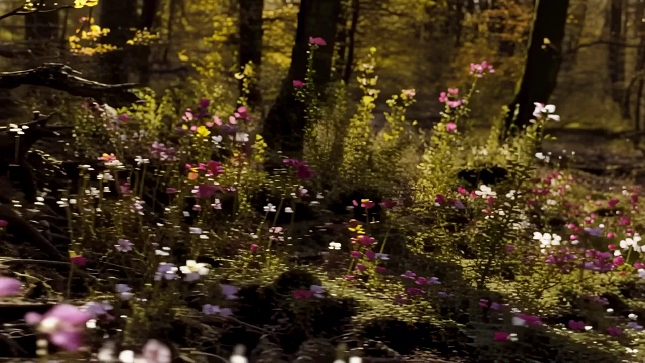 Forest Floor with Spring Wildflowers and Sunlight Filtering